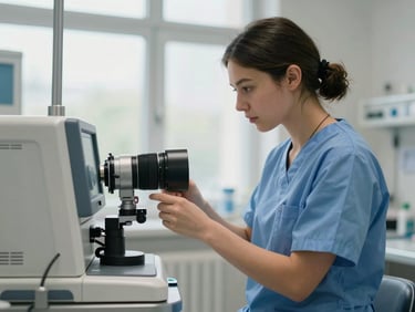 A young trainee working with advanced medical equipment in a clean German nursing facility, bright daylight.