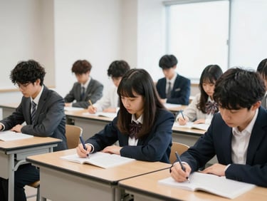 Group of diverse Asian students studying in a modern high-tech classroom in Tokyo, bright natural light.