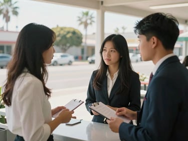 Vietnamese student intern in a professional hospitality setting in California, sunny daylight, natural interaction.