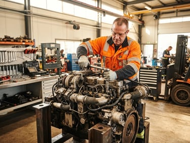 A certified mechanic in branded high-visibility safety gear working on a large diesel engine, crisp workshop environment.