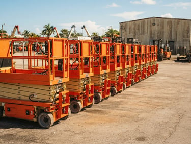 A row of clean orange scissor lifts lined up neatly in a Miami equipment yard, high-contrast warm tones.