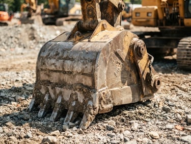 Close-up of heavy-duty steel excavator bucket resting on gravel, bright natural sunlight, crisp details.