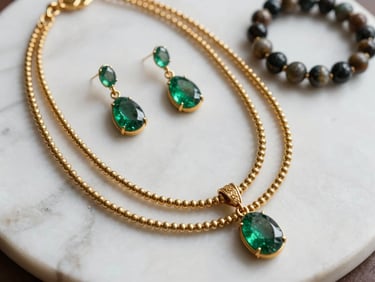 Macro close-up flat-lay of handcrafted artificial jewelry — layered gold-tone necklaces, emerald-drop earrings, and a beaded bracelet arranged on a white marble surface, soft diffused studio light, rich material detail visible, no hands, no faces