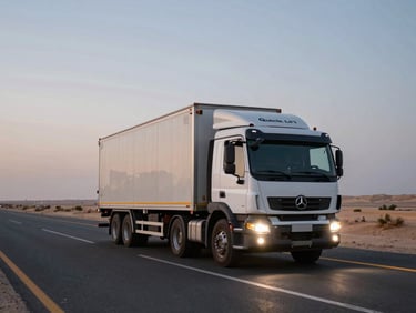 Wide panoramic shot of a QuickLift moving truck on a UAE highway at dusk, desert landscape to the right, headlights on, cargo sealed and secured, open road ahead
