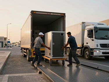 Environmental wide shot of crew on a steel loading ramp, two workers guiding a heavy appliance on a dolly into a moving truck, golden hour exterior light, Abu Dhabi street in background