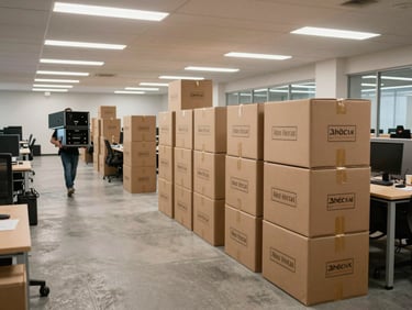 Wide shot of an office floor mid-relocation in Abu Dhabi, rows of labeled boxes stacked beside desks, crew member carrying monitor equipment, fluorescent site lighting, concrete floor visible