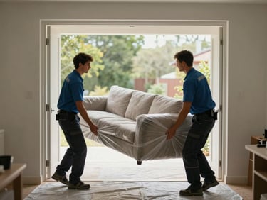 Medium shot of two crew members carefully carrying a wrapped sofa through a doorway in a residential interior, natural daylight, protective floor covering visible, steady grip technique