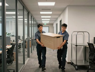 Medium shot of two crew members carrying a heavy office desk through a glass-door office corridor, fluorescent overhead lighting, empty workstations visible in background, steel dolly parked against the wall
