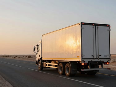 Wide environmental shot — QuickLift moving truck on an open UAE highway at golden hour, flat desert horizon, rear doors sealed and locked, warm tungsten glow from tail lights, no other vehicles in frame