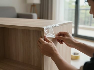 Close-up of moving crew hands securing furniture wrap around a wooden cabinet corner in a living room, natural daylight from window, tape roll visible on floor, precise technique