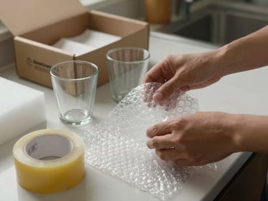 Close-up of hands layering bubble wrap around glassware on a kitchen counter, high-quality packing tape and foam sheets nearby, tungsten kitchen lighting, labeled box open in background