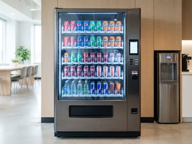 Straight-on medium shot of a sleek, modern vending machine in a brightly lit professional breakroom, glowing soft blue LED lights, crisp drink cans visible inside, natural indoor light