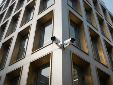 Discreetly installed security camera lens in a modern architectural facade, high-contrast, architectural daylight, wide angle.