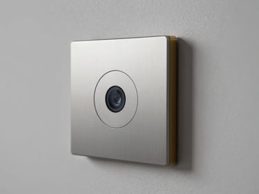 Sleek smart home control panel flush-mounted in a premium wall, minimalist design, crisp studio lighting, macro shot.
