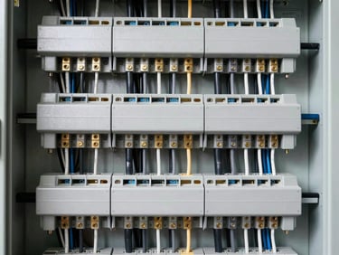 Meticulously organized electrical distribution panel with neatly bundled cables and clear labeling, high-contrast, studio lighting, technical elevation.