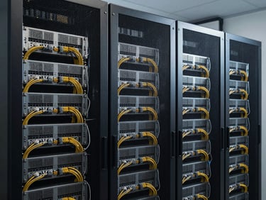 Neatly organized server racks with color-coded cabling in a dedicated network room, high-contrast, cool studio lighting, technical detail.