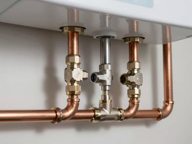 Precisely routed copper piping and modern water heaters in a dedicated utility room, high-contrast, architectural daylight, macro shot of clean connections.