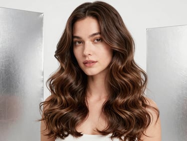 High-key studio photography of a woman with healthy, voluminous, structured wavy hair, bright clean lighting, minimalist background, 35mm