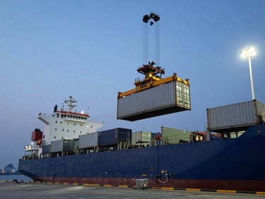 Wide-angle shot of a commercial shipping dock at dusk under industrial floodlights, a sealed 20-foot container being loaded onto a vessel by crane, cool blue-white light, documentary framing, no people