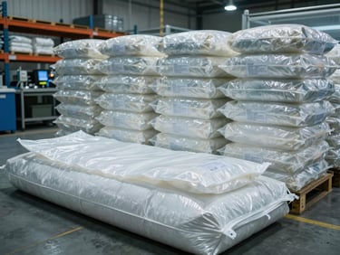 Wide shot of a packaging assembly line, stacked sealed polypropylene bags with FIFO batch labels visible under cool daylight-balanced studio light, a moisture barrier liner being folded into a bulk bag in the foreground, industrial shelving and concrete floor in background, no people