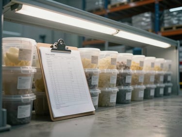 Medium shot of a warehouse inspection station — sealed sample containers in a row under cool fluorescent overhead lighting, a clipboard with printed batch documentation resting against the containers, concrete floor and steel shelving visible in background