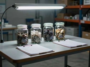 Medium shot of a warehouse inspection table under cool overhead fluorescent light, three sealed specimen jars of industrial minerals lined up, a clipboard with batch log sheets beside them, concrete floor and metal shelving in background, no people