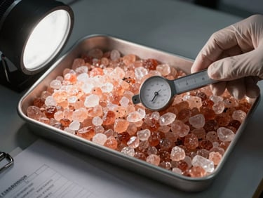 Overhead close-up of a sealed inspection tray holding pink Himalayan salt crystals, a gloved hand holding a measurement gauge over the batch, cool studio strobe light raking across mineral texture from the left, inspection documentation sheet visible at bottom edge of frame