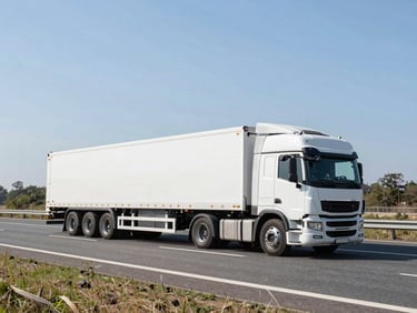 Wide-angle shot of a modern double-decker car carrier truck driving on a bright highway under clear daylight, professional automotive photography.