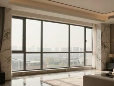 High-end apartment living room with marble details, floor-to-ceiling windows, warm sunlight, sophisticated interior design.