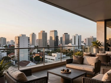 Luxury penthouse terrace overlooking Caxias do Sul city skyline during golden hour, elegant outdoor furniture.