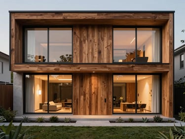 Modern contemporary house facade with wooden panels, warm evening lights, minimalist garden, architectural photography.