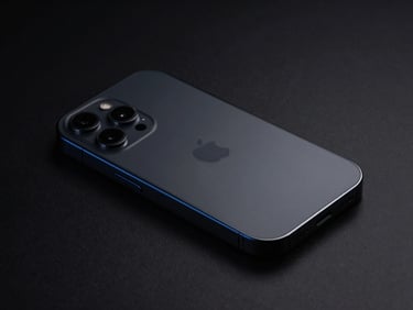 Sleek dark smartphone mockup showing high-contrast UI details, dramatic blue rim lighting, macro lens