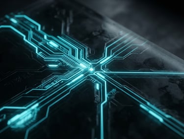 Extreme close-up of a high-contrast dark user interface with glowing cyan lines, sharp typography, dark glass texture, low-key dramatic studio lighting.