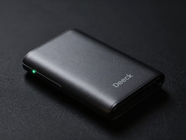 Sleek hardware wallet interface design, minimal monochrome typography, glowing green status indicator, dark background.