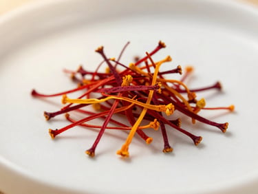 Dried saffron threads on a clean white ceramic surface, warm side lighting, macro photography