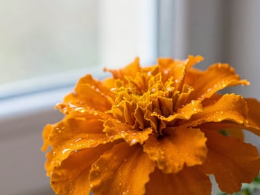 Close-up of vibrant orange marigold petals with morning dew, soft natural light, shallow depth of field