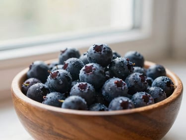 Fresh wild bilberries in a wooden bowl, soft morning window light, organic texture