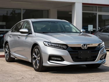 Wide three-quarter front shot of a silver 2018 Honda Accord on a neutral dealership forecourt, bright daylight, full vehicle visible