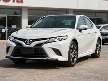 Wide three-quarter front shot of a white 2019 Toyota Camry on a neutral dealership forecourt, bright daylight, full vehicle visible