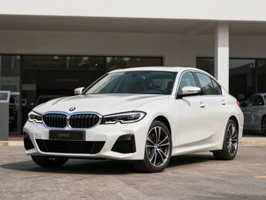 Wide three-quarter front shot of a white 2021 BMW 3 Series on a neutral dealership forecourt, bright daylight, full vehicle visible