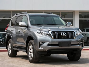 Wide three-quarter front shot of a grey 2019 Toyota Land Cruiser Prado on a neutral dealership forecourt, bright daylight, full vehicle visible