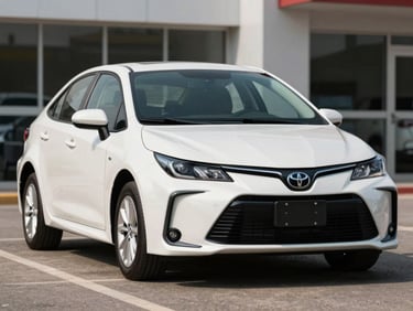 Wide three-quarter front shot of a white 2022 Toyota Corolla on a neutral dealership forecourt, bright daylight, full vehicle visible