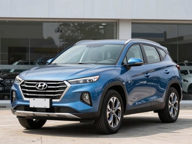 Wide three-quarter front shot of a blue 2020 Hyundai Tucson on a neutral dealership forecourt, bright daylight, full vehicle visible