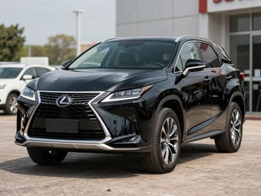 Wide three-quarter front shot of a black 2017 Lexus RX 350 on a neutral dealership forecourt, bright daylight, full vehicle visible