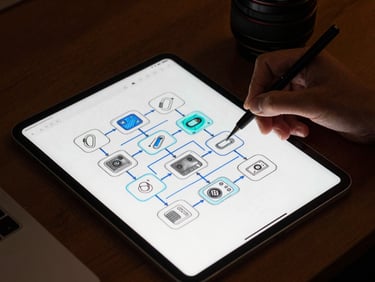 Overhead shot of a desk setup with an iPad Pro showing a hand-drawn system architecture diagram with blue and cyan lines, tactile hardware, low-key directional lighting.