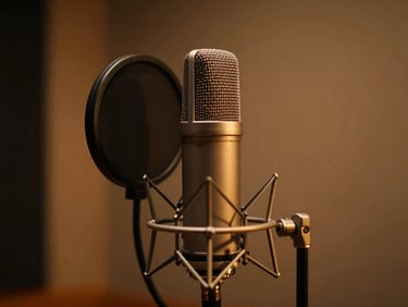 Close-up of a high-end condenser microphone in an acoustically treated vocal booth, dramatic low-key amber lighting