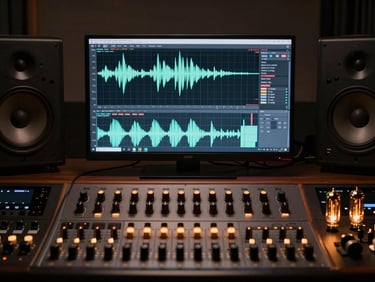 High-resolution display showing audio waveforms and spectral analyzers in a dark, professionally treated mastering suite, soft ambient gold glow.