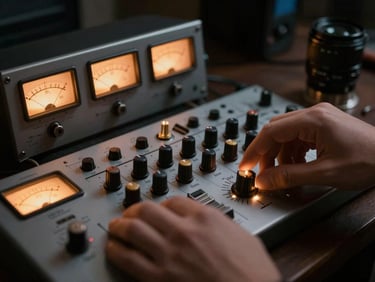 Hands adjusting tactile knobs on an analog compressor, glowing VU meters with warm amber light, moody studio background, 50mm lens.