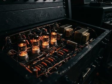 Low-key dramatic studio photography of glowing vacuum tubes inside a high-end analog compressor, warm amber light, deep shadows, 50mm lens
