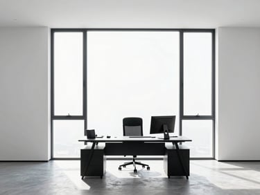 Wide environmental shot of a modern, minimalist office with a large window, focused on a sleek desk setup, bright high-key studio lighting, sharp shadows, 50mm